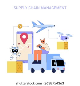 AI in medium-sized business processes enhances supply chain management through automation. Key elements include tracking, logistics, and delivery efficiency using smart technologies. Vector