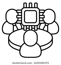 Ícone do assistente de reunião da AI representado por reunião, avatar humano, estilo de linha de chip.