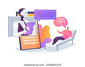 AI Mental Health Chatbot abstract concept vector illustration. An individual engages with an AI chatbot providing cognitive behavioral therapy techniques. abstract metaphor.