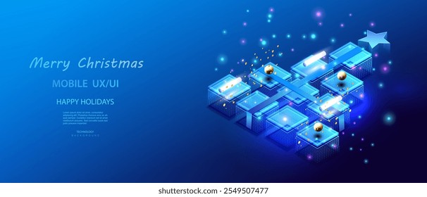 Ai Merry Navidades tecnología y vacaciones de negocios fondo de Vector isométrico. Árbol isométrico del servidor del día de fiesta con las bolas y la cinta. Navidades Anuncio de big data. Lámparas de neón tarjeta digital futurista.