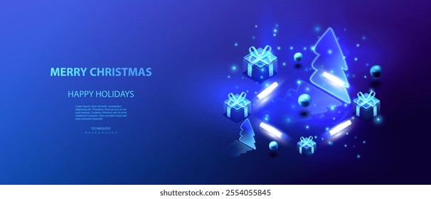 Ai Merry Christmas technology and business holidays isometric vector background. Isometric holiday tree and gift box. Christmas big data banner. Neon lamps futuristic digital card.