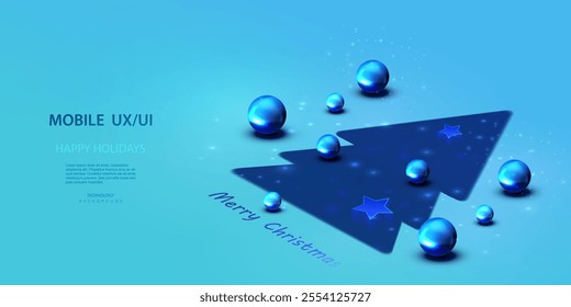 Ai Merry Christmas technology and business holidays isometric vector background. Isometric holiday tree, stars and blue glow balls. Christmas big data banner. Futuristic xmas digital card.