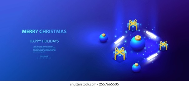 Ai Merry Christmas technology and business holidays isometric vector design. Isometric holiday balls and gift boxes on blue background. Christmas big data banner. Neon lamps futuristic digital card.