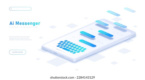 Ai message white banner. Artificial intelligence and chat bot to answer frequently asked questions. Virtual assistant or helper. Landing page design. Cartoon isometric vector illustration