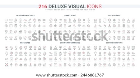 AI and metaverse, science hologram and cloud computing, security of smart home line icons set. Data exchange and algorithms, NFT and programming thin black and red symbols vector illustration