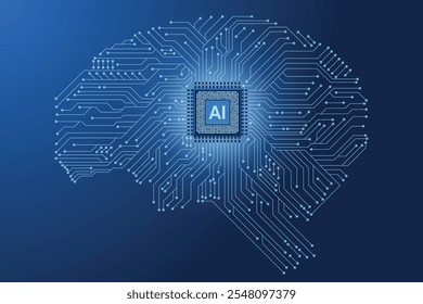 AI microchip na ilustração do cérebro. Cérebro digital com chip e circuito de IA. Conceito de tecnologia de aprendizagem automática. Ilustração do cérebro digital. Ilustração vetorial