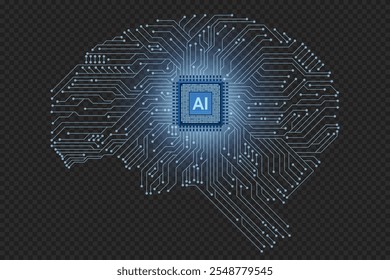 AI microchip na ilustração do cérebro. Cérebro digital com chip e circuito de IA. Conceito de tecnologia de aprendizagem automática. Ilustração do cérebro digital. Ilustração vetorial