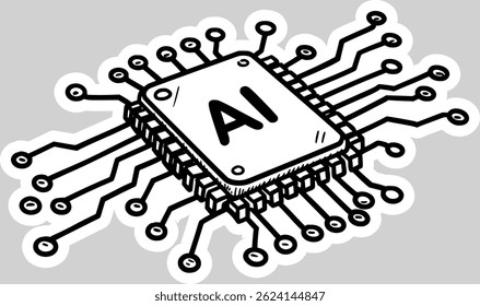 Microchip AI com elementos de placa de circuito desenhado à mão ilustração vetorial. Conceito de inteligência artificial.