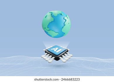 AI microchip circuit board and globe. Artificial intelligence technology revolution and development, machine learning. Implement of robotic science research develop future of new era. 3D vector