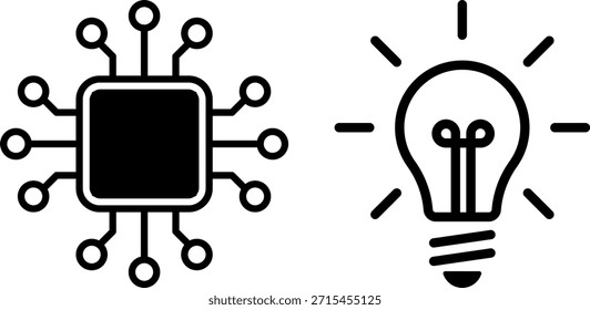 Microchip AI com circuitos e lâmpada de incandescência. IA, inovação, tecnologia, criatividade. Vetor