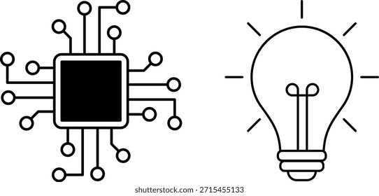 Microchip AI com circuitos e lâmpada de incandescência. IA, inovação, tecnologia, criatividade. Vetor