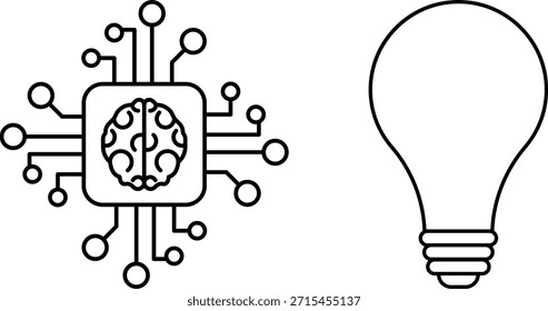 Microchip AI com circuitos e lâmpada de incandescência. IA, inovação, tecnologia, criatividade. Vetor