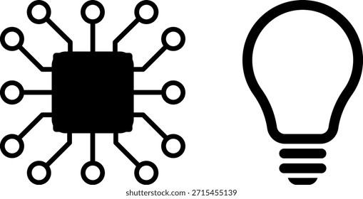 Microchip AI con circuitos y bombilla brillante. IA, innovación, tecnología, creatividad. Vector