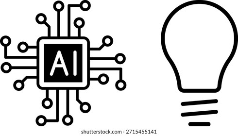 Microchip AI com circuitos e lâmpada de incandescência. IA, inovação, tecnologia, criatividade. Vetor