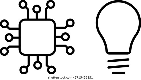 Microchip AI com circuitos e lâmpada de incandescência. IA, inovação, tecnologia, criatividade. Vetor