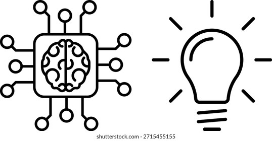 AI microchip with circuits and glowing light bulb. AI, innovation, technology, creativity. Vector