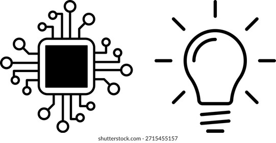 Microchip AI com circuitos e lâmpada de incandescência. IA, inovação, tecnologia, criatividade. Vetor
