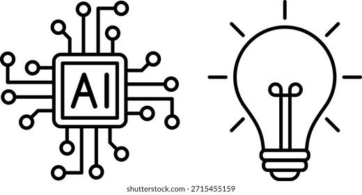 Microchip AI con circuitos y bombilla brillante. IA, innovación, tecnología, creatividad. Vector