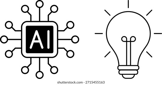 Microchip AI com circuitos e lâmpada de incandescência. IA, inovação, tecnologia, criatividade. Vetor