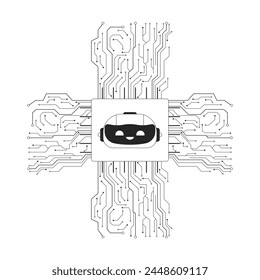 AI microchip cpu black and white 2D line cartoon object. Artificial intelligence chip circuit isolated vector outline item. Motherboard. Innovative technology monochromatic flat spot illustration