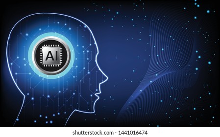 AI microchip with head figure and abstract lines on space background