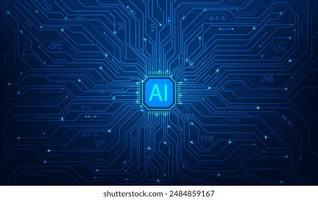 Ai microchip processor circuit digital technology on blue background. CPU database. Motherboard chip. Central computer. vector illustration fantastic hi-tech design.