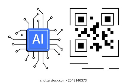 AI microchip surrounded by circuit lines next to a QR code in a simple, clean style. Ideal for tech presentations, app development, innovation talks, digital marketing, and educational content. Line