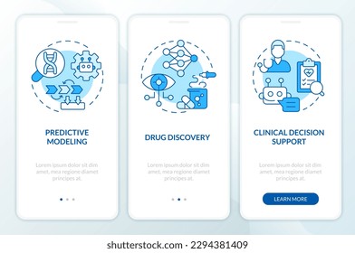 AI and ML in precision medicine blue onboarding mobile app screen. Walkthrough 3 steps editable graphic instructions with linear concepts. UI, UX, GUI template. Myriad Pro-Bold, Regular fonts used