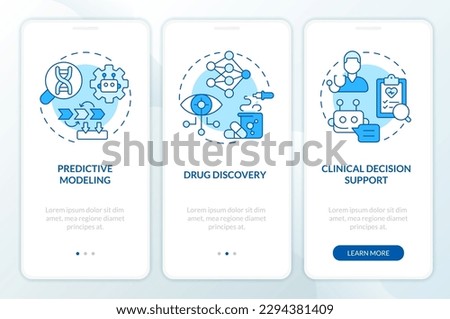 AI and ML in precision medicine blue onboarding mobile app screen. Walkthrough 3 steps editable graphic instructions with linear concepts. UI, UX, GUI template. Myriad Pro-Bold, Regular fonts used