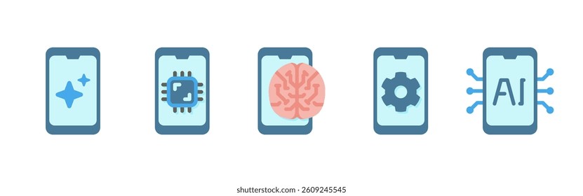 AI Mobile App Flat Icons Set For Artificial Intelligence, Neural Network, Chip, Brain, Settings