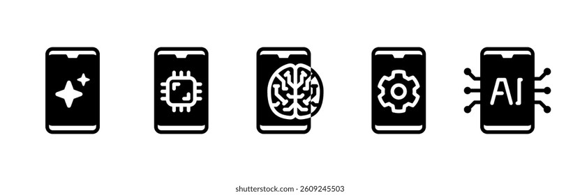 AI Mobile App Glyph Icons Set For Artificial Intelligence, Neural Network, Chip, Brain, Settings