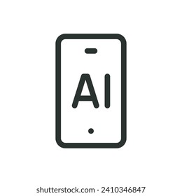 Icono aislado de aplicación móvil de AI, icono vectorial de smartphone de AI con trazo editable