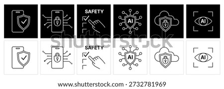 AI Mobile Cyber Safety Security Line Icon Set