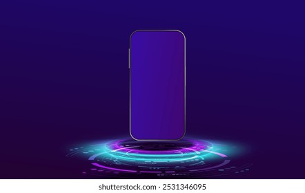 Ai maqueta la vista frontal del teléfono inteligente con una moderna pantalla azul oscuro. Teléfono del juego de la Tecnología, pantalla exclusiva, colgando sobre la plataforma de neón futurista. Fondo de objeto móvil aislado. Concepto de Vector App de IA.