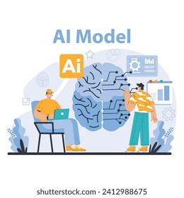 AI Model Concept. Illustration von maschinellen Lerninnovationen mit menschlicher Interaktion, die das neuronale Netzwerk des Gehirns und die Datenanalyse darstellen. Flache Vektorgrafik.