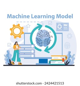 AI Model concept. Visual narrative of a machine learning model with a focus on data processing and neural network efficiency. Flat vector illustration.