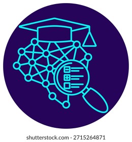 Symbol für die KI-Modellbewertung. Minimalistische Neonkontur auf dunkelblauem, rundem Hintergrund. Eine stilvolle Vektorgrafik eines mit Akademikern verbundenen neuronalen Netzwerks unter einer Lupe, die eine Leistungsprüfliste enthüllt, die detaillierte Modelltests, metrische Analysen und Qualitätssicherung im maschinellen Lernen symbolisiert