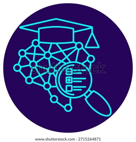AI Model Evaluation Icon. Minimalistic neon outline on a dark blue round background. A stylish vector illustration of an academic-capped neural network under a magnifying glass, revealing a performance checklist, symbolizing detailed model testing, metric analysis, and quality assurance (QA) in machine learning