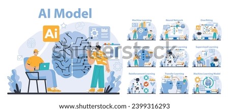 AI Model set. Comprehensive visual guide to AI and machine learning. Exploring neural networks, overfitting, various learning methods. Flat vector illustration.