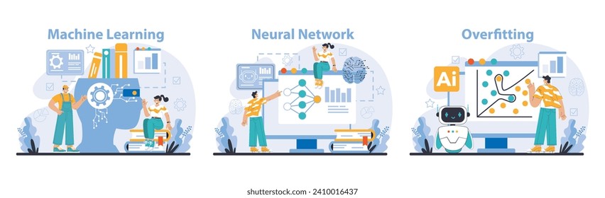 AI Model set. Interactive scenes of machine learning, neural networks, and overfitting challenges. Educational AI technology stages. Flat vector illustration.