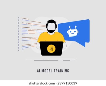 AI model training concept. Train Generative AI using Big Data. AI ML Model Training in Machine Learning. Vector illustration isolated on white background with icons