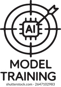 Logotipo de icono de entrenamiento de modelos de IA: símbolo de chip neuronal dirigido para aprendizaje automático, Ciencia de datos y automatización