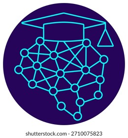 AI Model Training icon. Vector thin line illustration on a round dark blue background. Symbolizes the successful learning or education process of an artificial intelligence (neural network) model