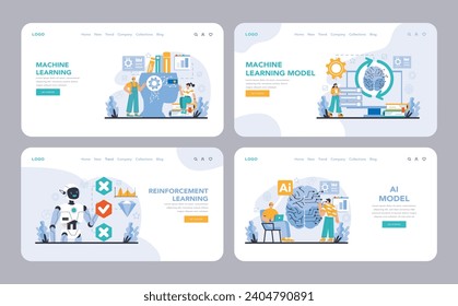 AI Model web banner or landing page set. A collection showcasing the spectrum of AI learning, from machine learning to reinforcement learning. Educational and interactive. Flat vector illustration.