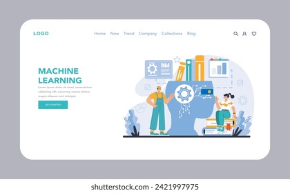 AI Model web or landing page. Interactive depiction of the machine learning process with human elements, showcasing collaboration and technology. Flat vector illustration.