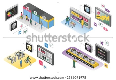 Ai models of business automation in different areas retail, production, service. Set of vector illustrations in isometric style. Deep learning, artificial intelligence, algorithm