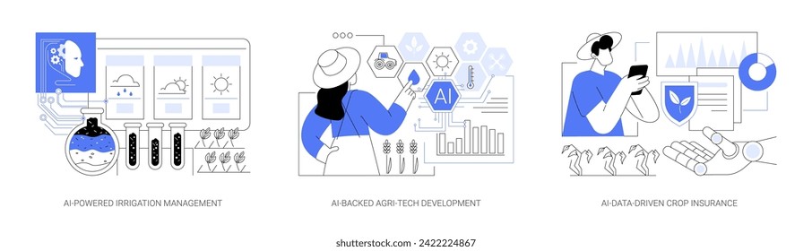 AI in modern agriculture abstract concept vector illustration set. AI-Powered Irrigation Management, soil moisture, AI-Backed Agri-Tech Development, AI-Data-Driven Crop Insurance abstract metaphor.