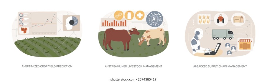 AI in modern farming abstract concept vector illustration set. AI-Optimized Crop Yield Prediction, AI-Streamlined Livestock Management, AI-Backed Supply Chain Management abstract metaphor.