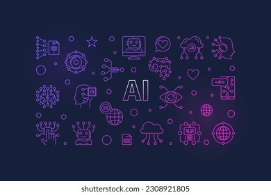 Banner vectorial moderno de IA. Concepto de inteligencia artificial ilustración horizontal sobre fondo oscuro