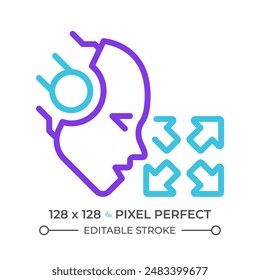 AI mueve un icono de línea de dos colores. Vehículo autónomo. Software de inteligencia artificial. Símbolo de contorno bicolor de la tecnología del coche autoconducido. Pictograma lineal de duotono. Ilustración aislada Trazo editable